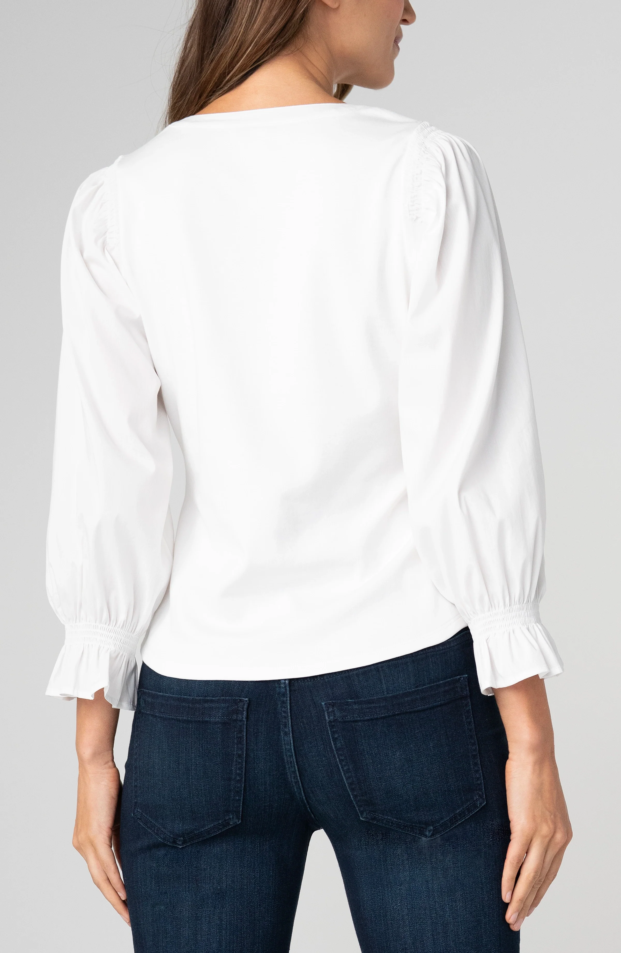 3/4 SLEEVE KNIT-TO-WOVEN TOP W/ SMOCKING - Image 3
