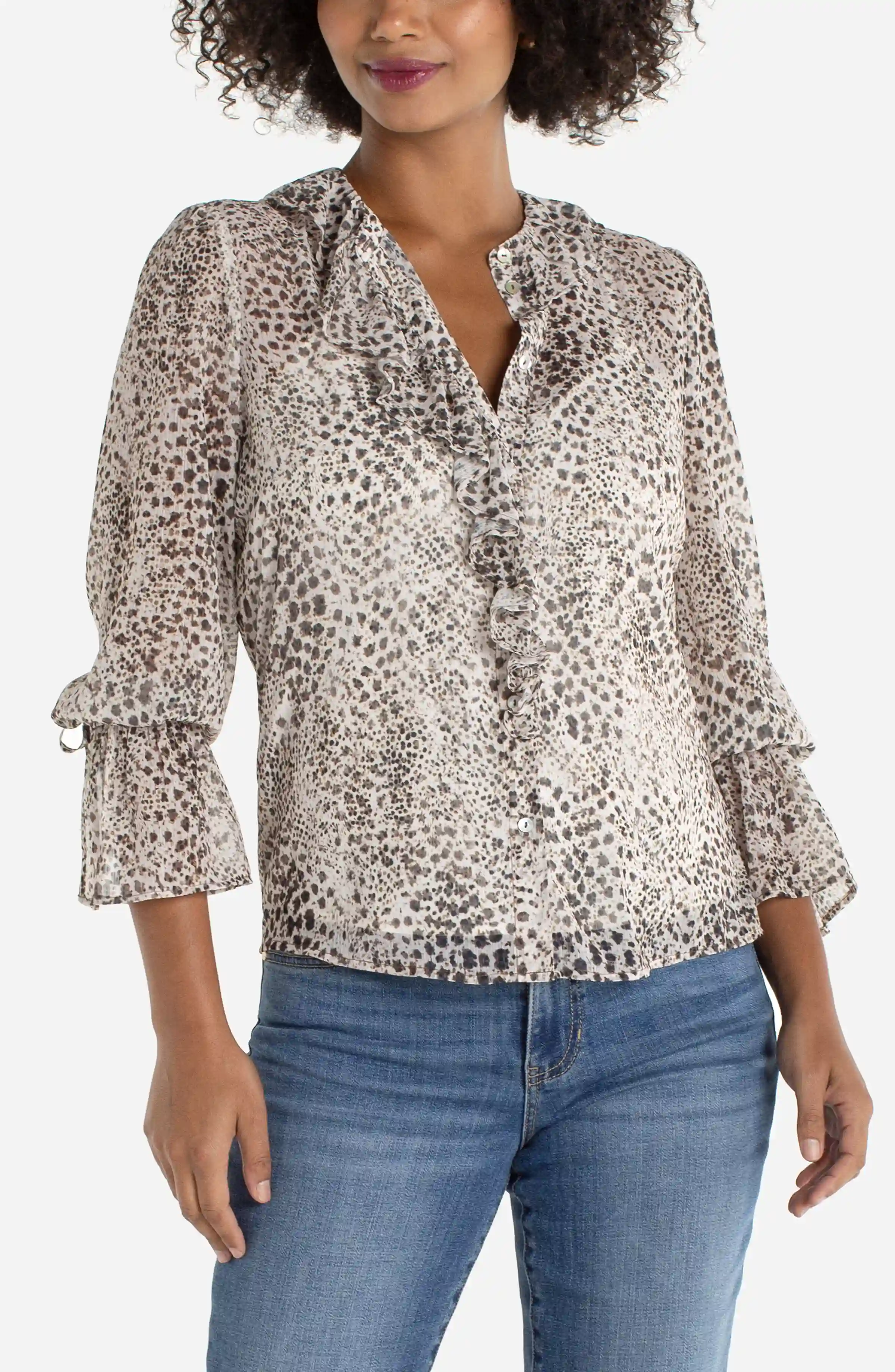 LONG SLEEVE RUFFLE FRONT WOVEN SHIRT