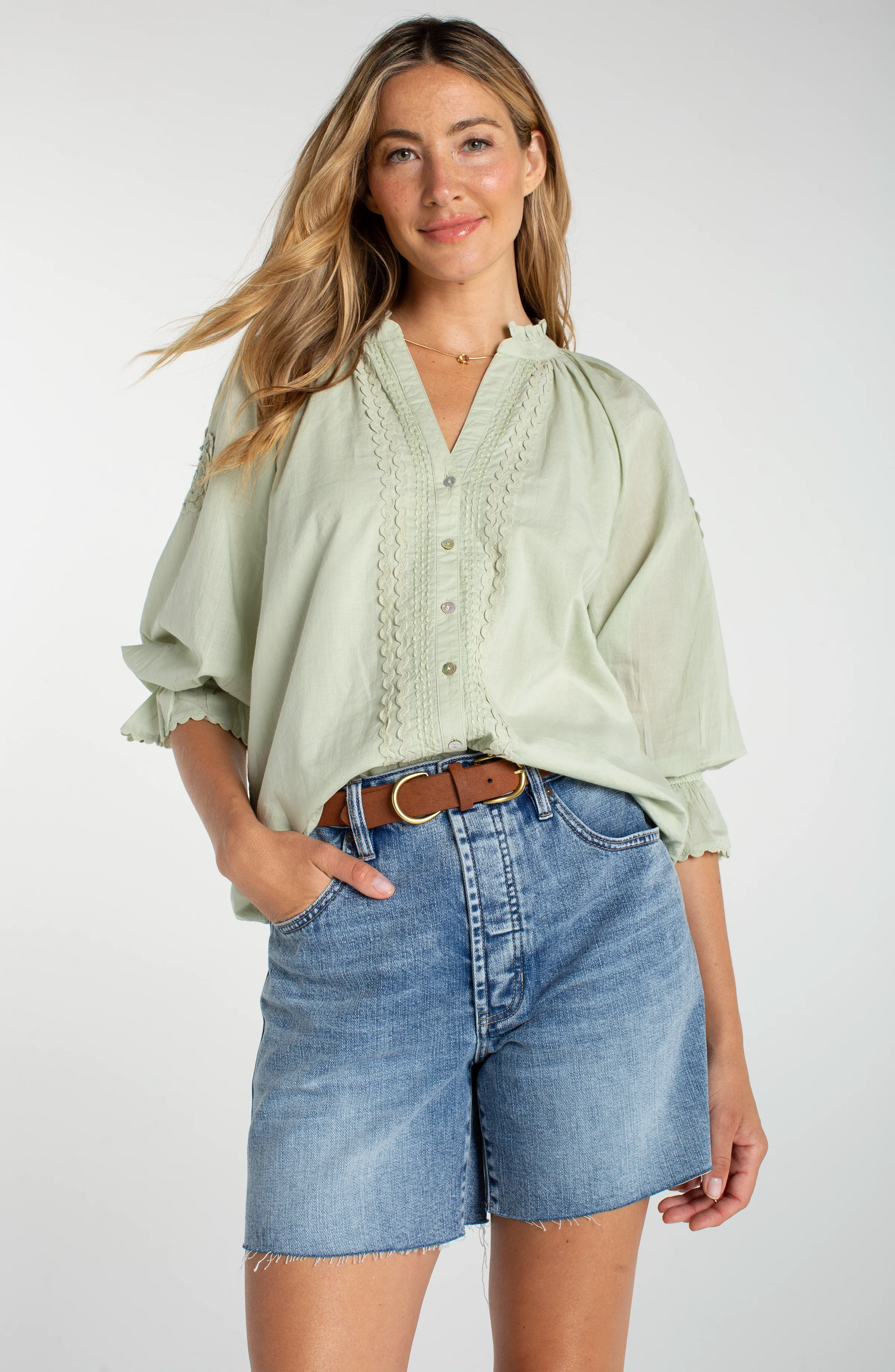 PETITE 3/4 SLEEVE BUTTON FRONT WOVEN TOP