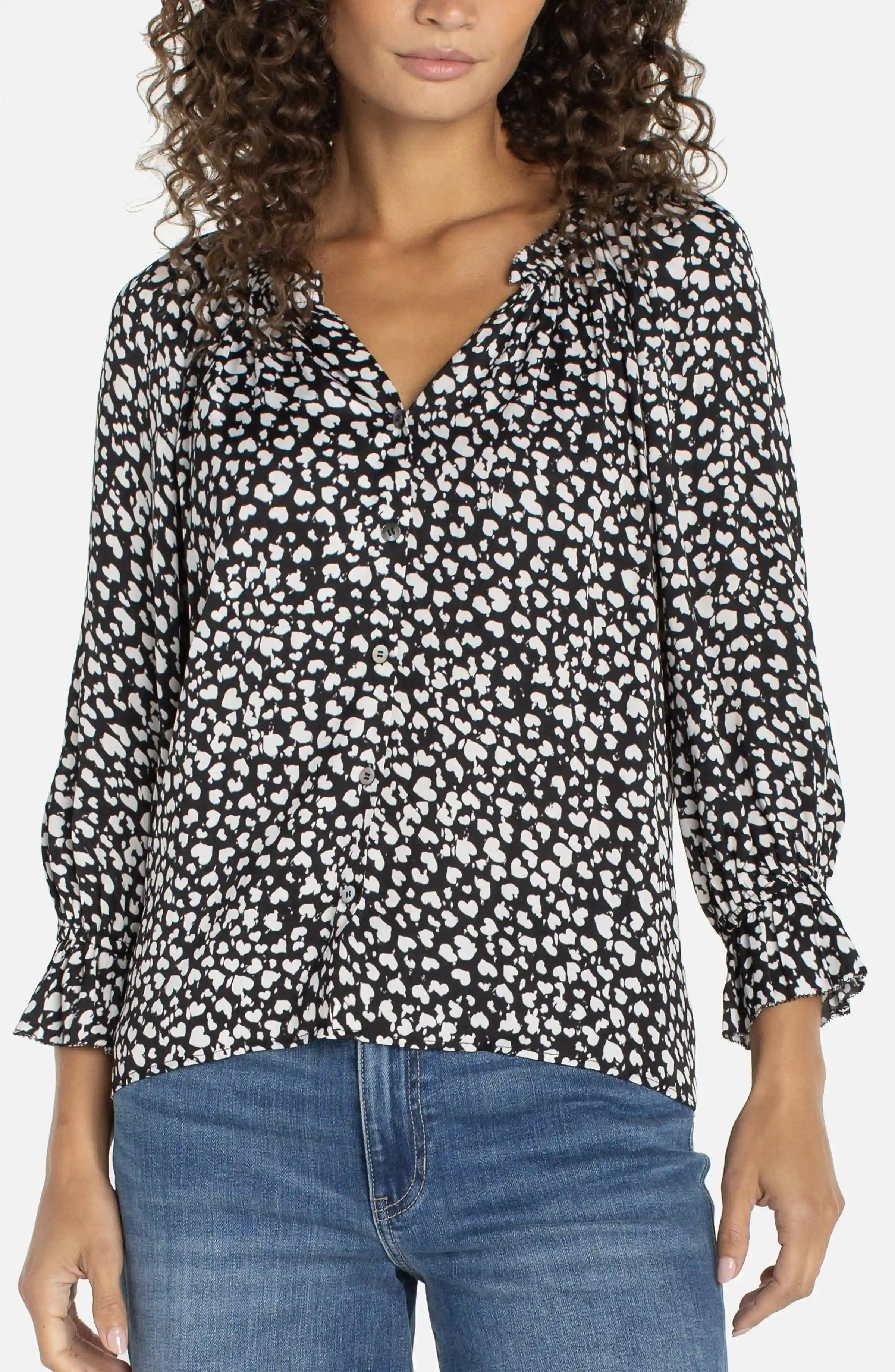 3/4 SLEEVE BUTTON FRONT TOP W/ RUFFLE DETAILS