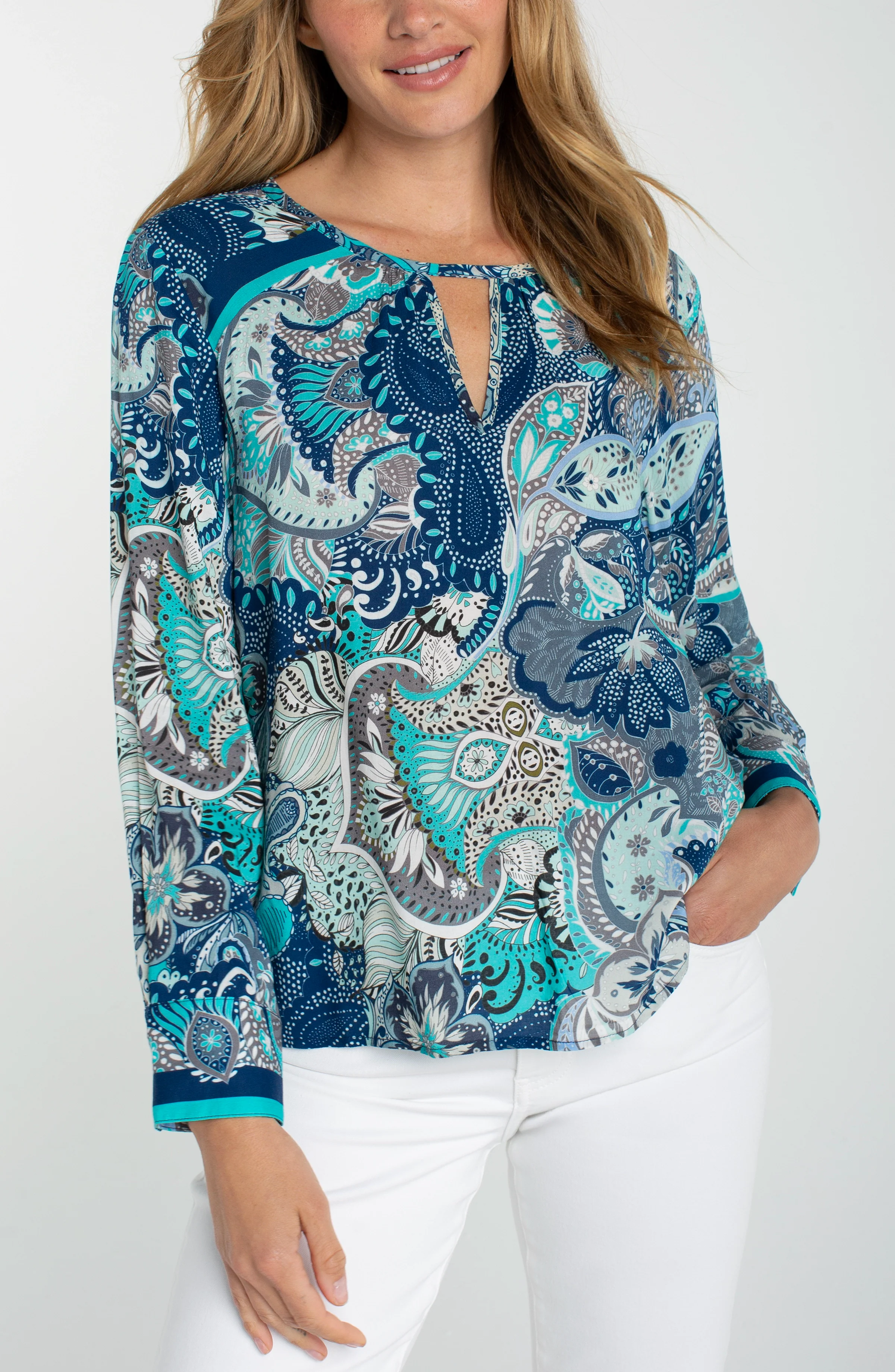 PETITE LONG SLEEVE WOVEN TOP WITH KEYHOLE
