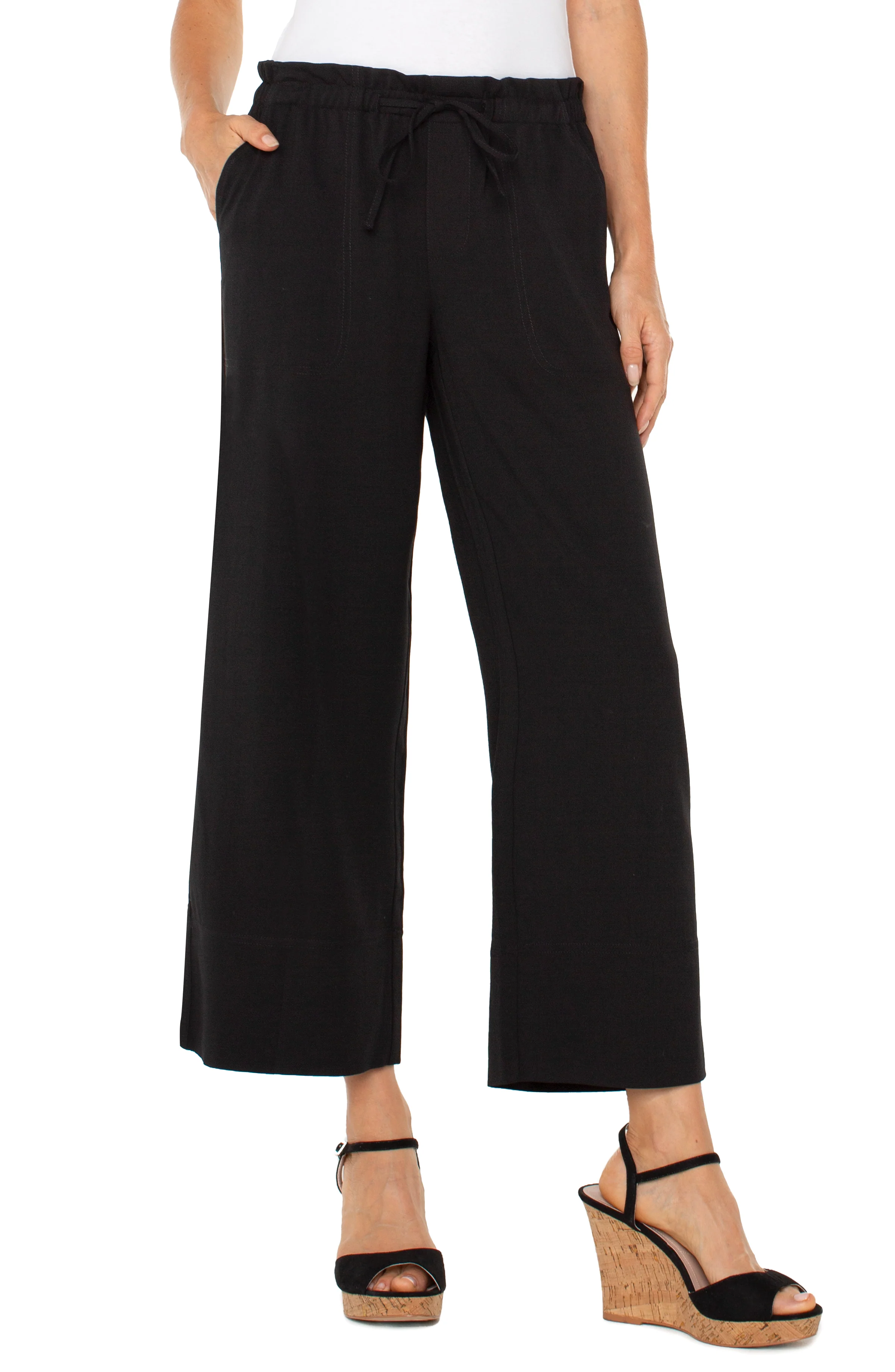 PETITE PULL-ON TIE WAIST WIDE LEG ANKLE