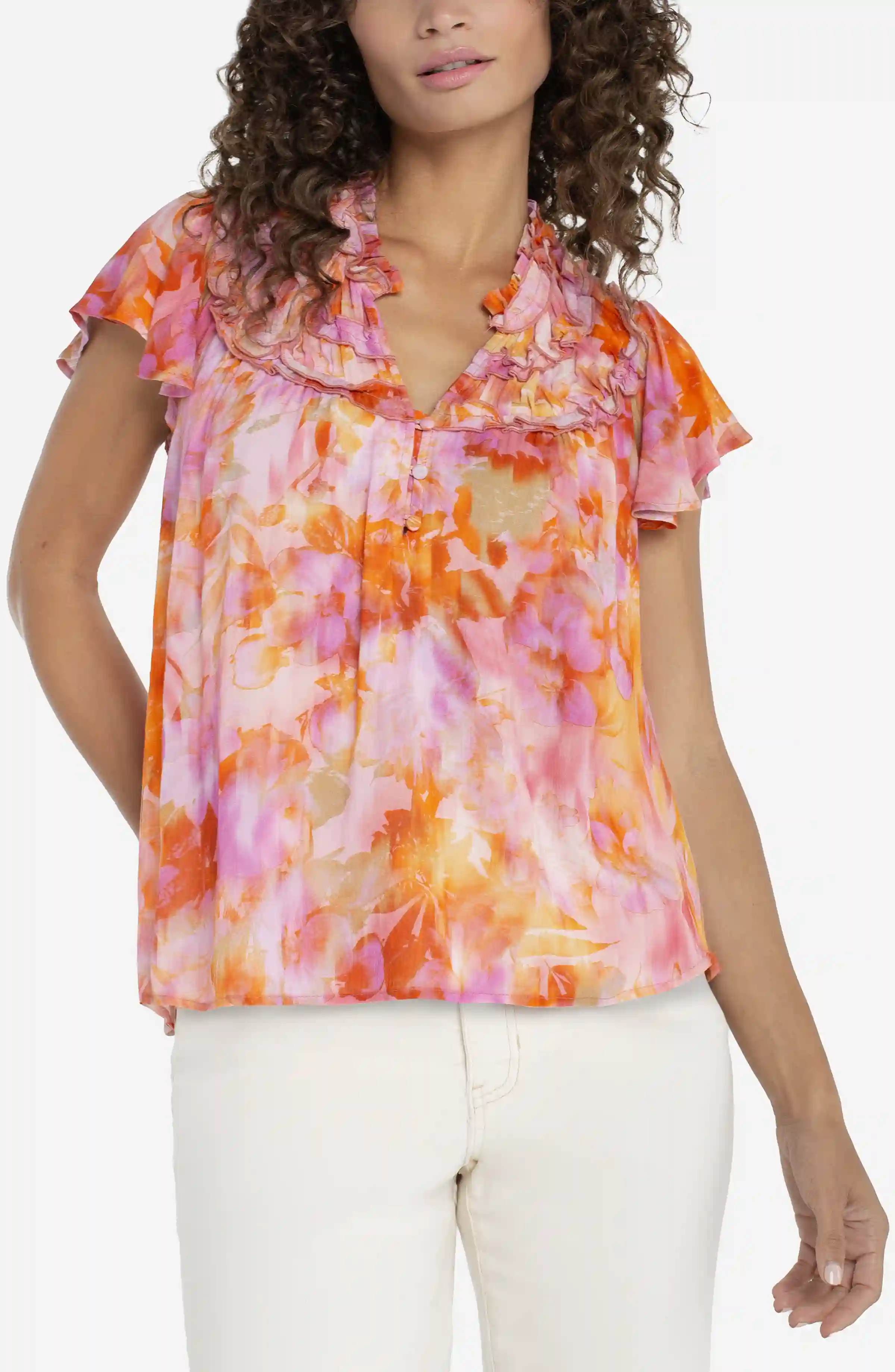 FLUTTER SLEEVE WOVEN BLOUSE W/ RUFFLES
