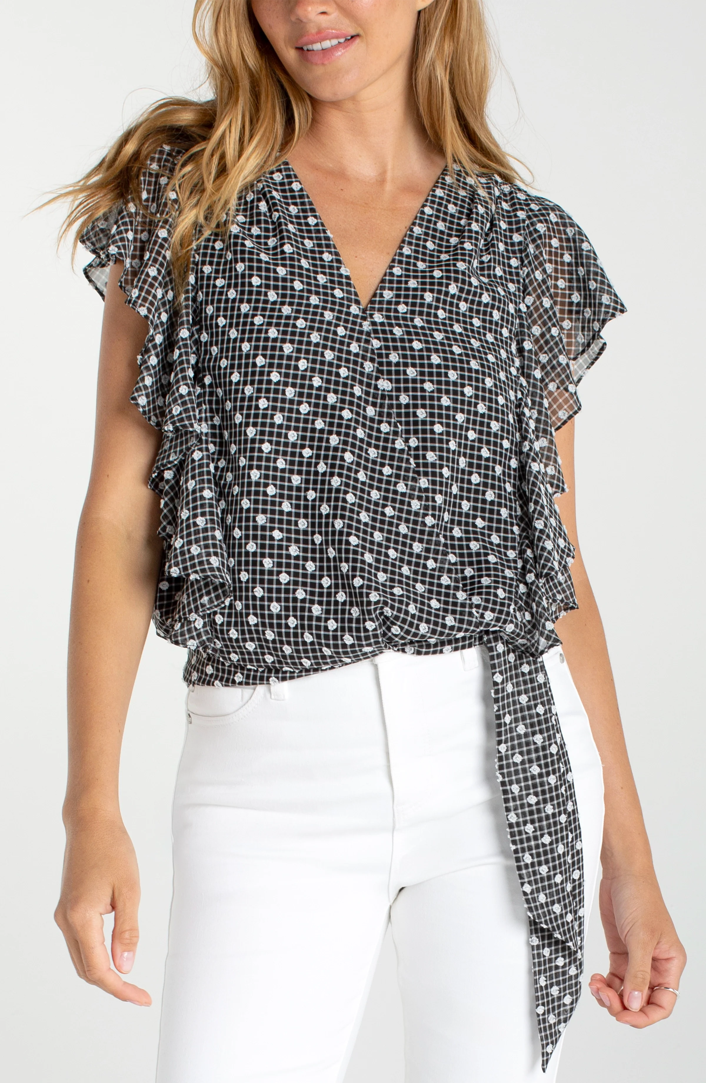 DRAPED FRONT TOP WITH WAIST TIE