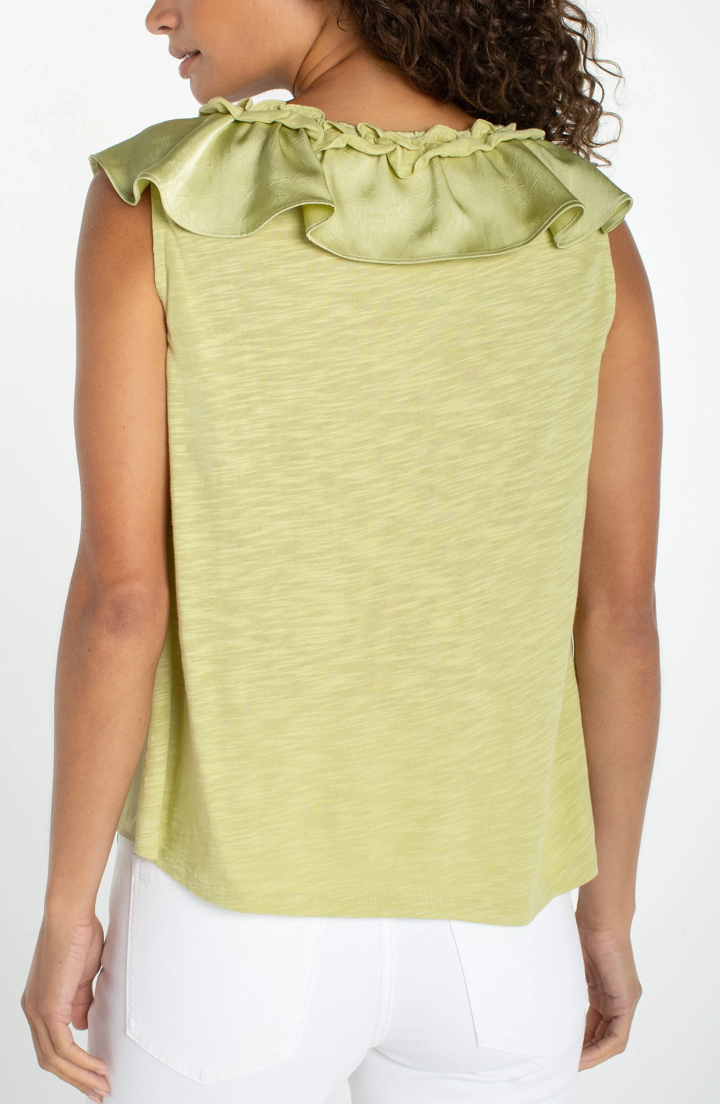 ruffle front sleeveless woven to knit top - Image 2