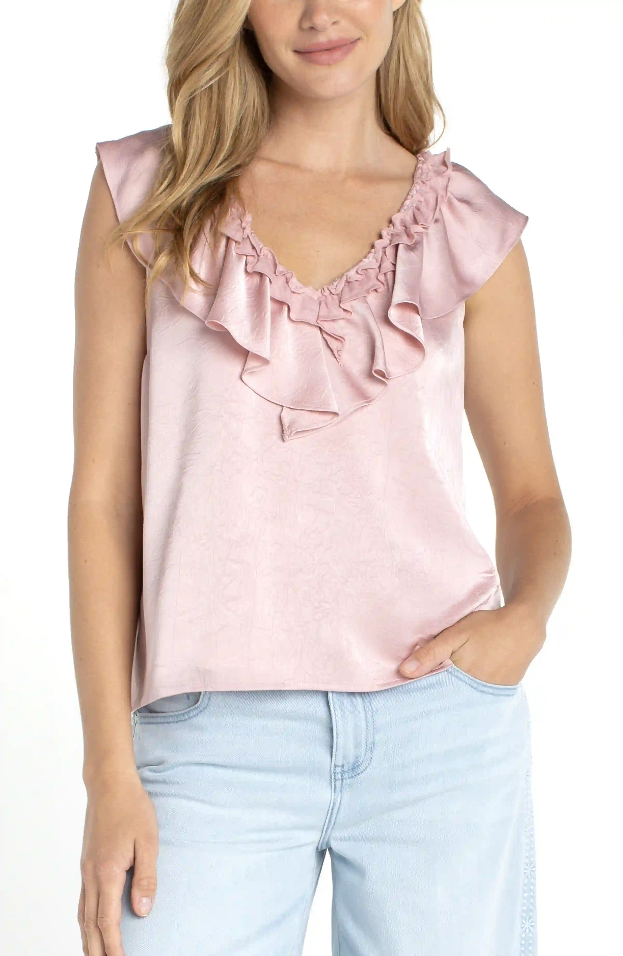 ruffle front sleeveless woven to knit top