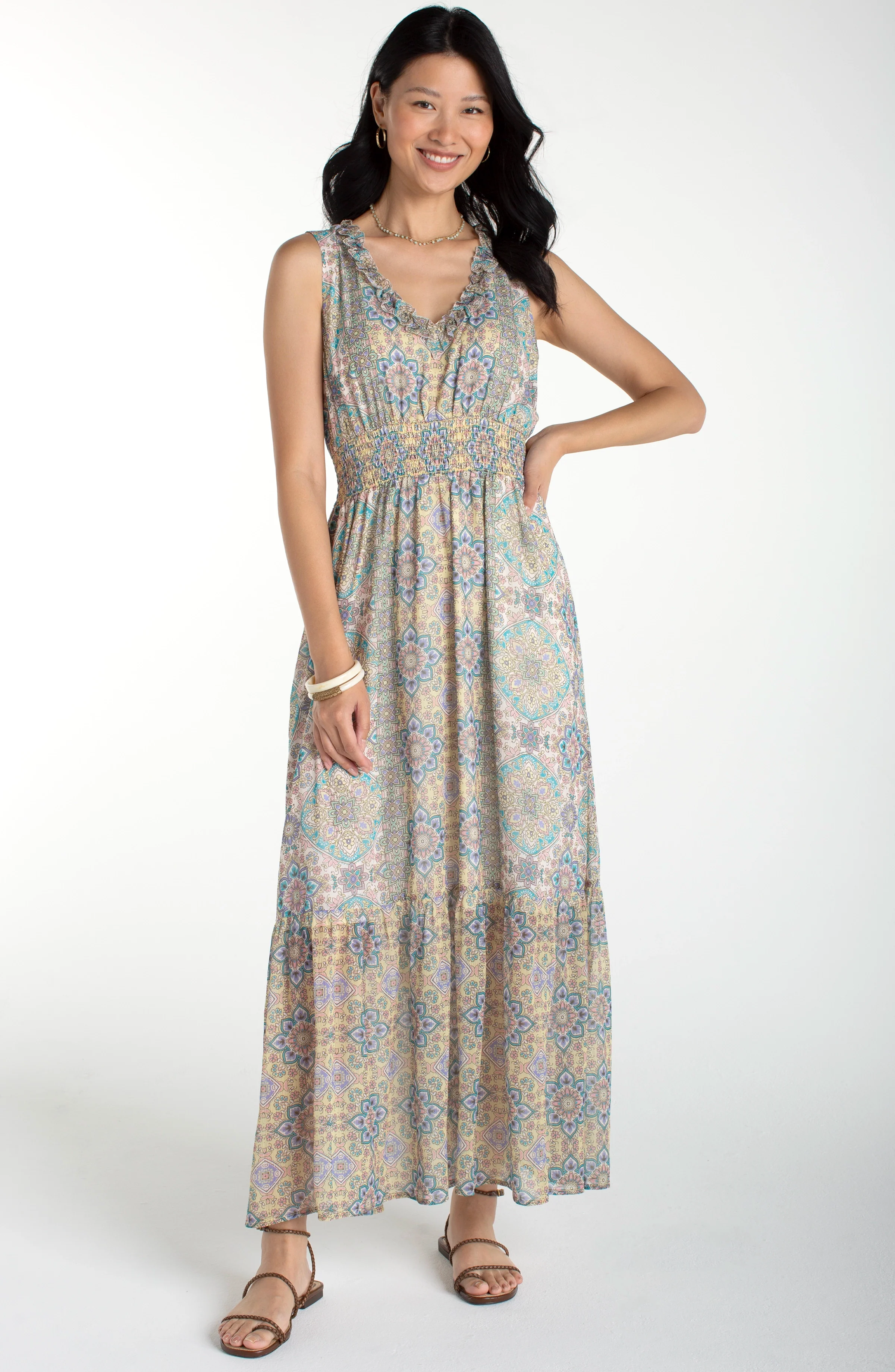 sleeveless smocked waist woven maxi dress